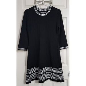 Jessica Howard Black Knit Geometric Trim 3/4 Sleeve Dress Petite Medium ‎ D44